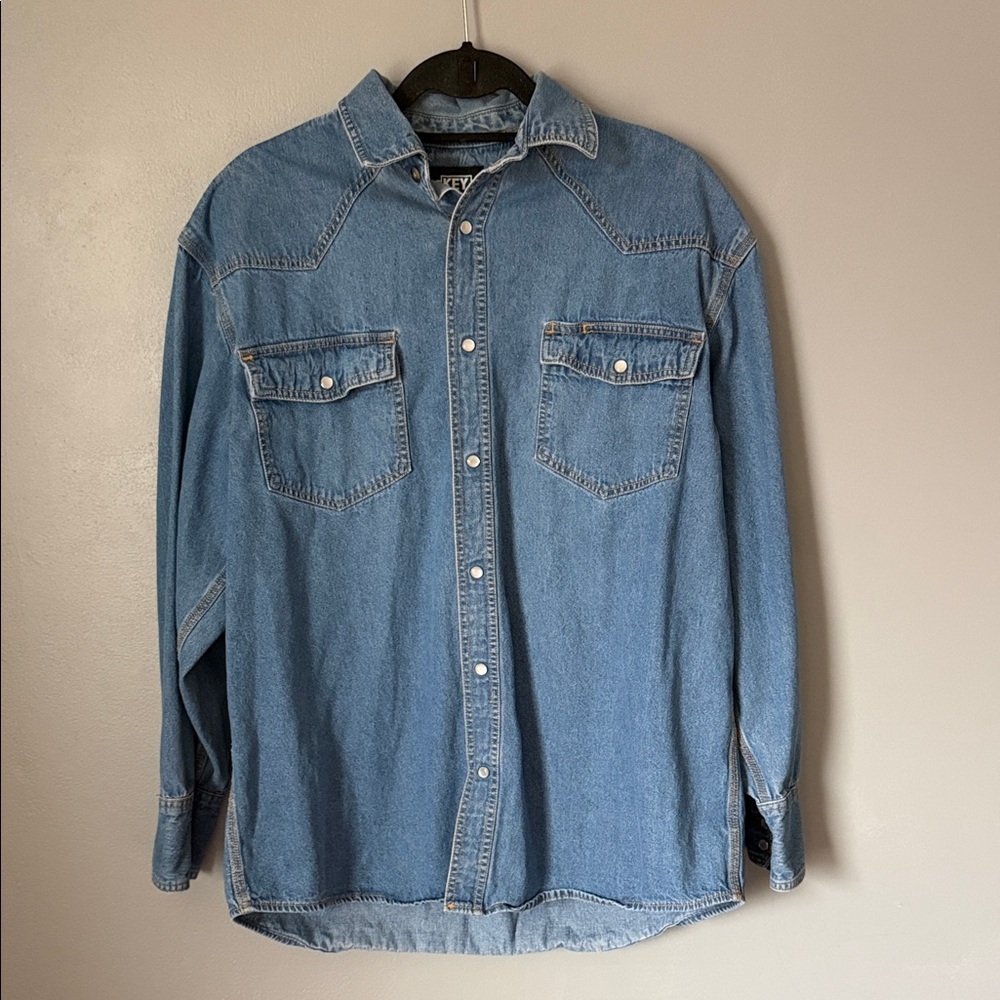Key Men’s Blue Denim Pearl Snap Button-Down Workwear Western Shirt Large